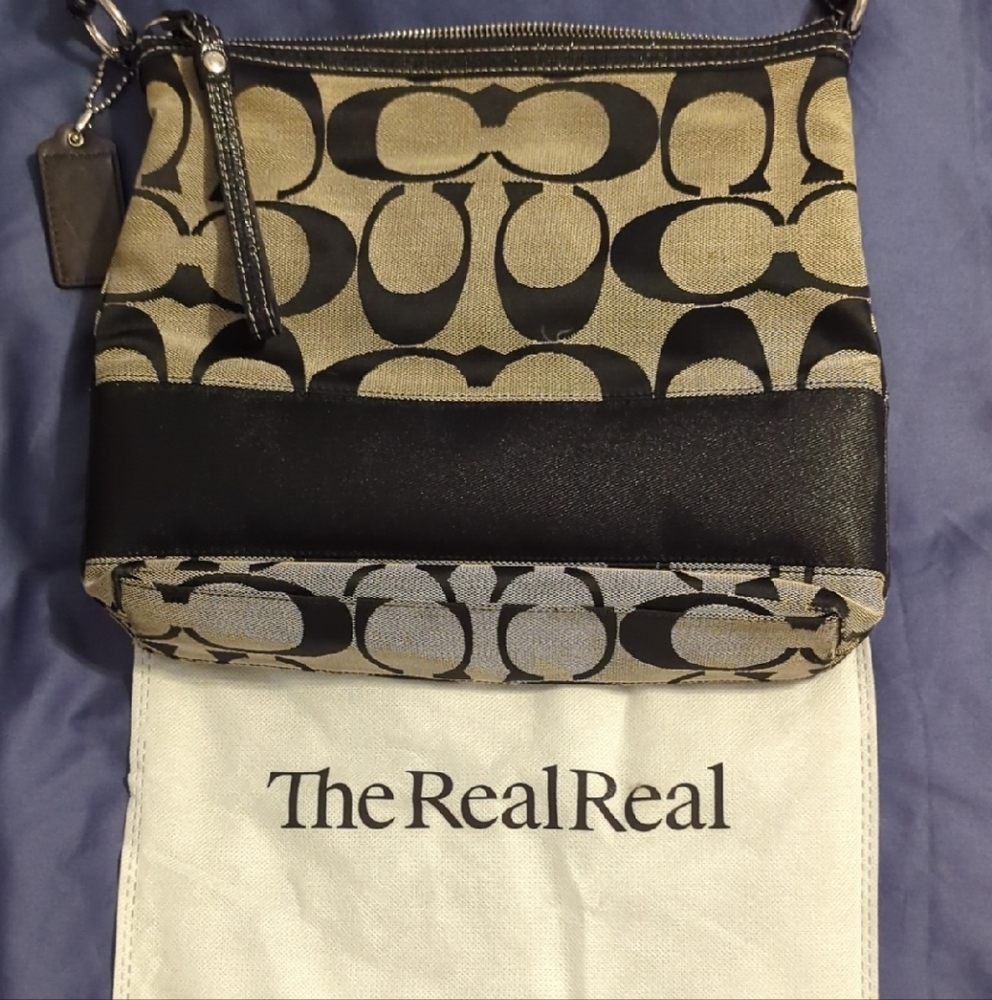 Coach Black and Tan Handbag with Signature Monogram